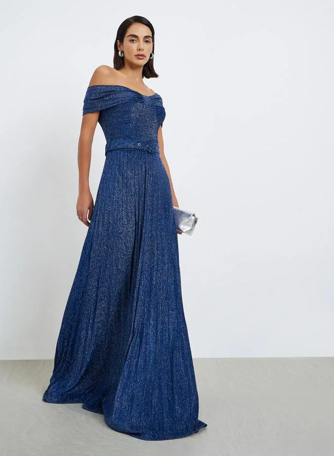 Styli Navy Bardot Shimmer Party Maxi Dress