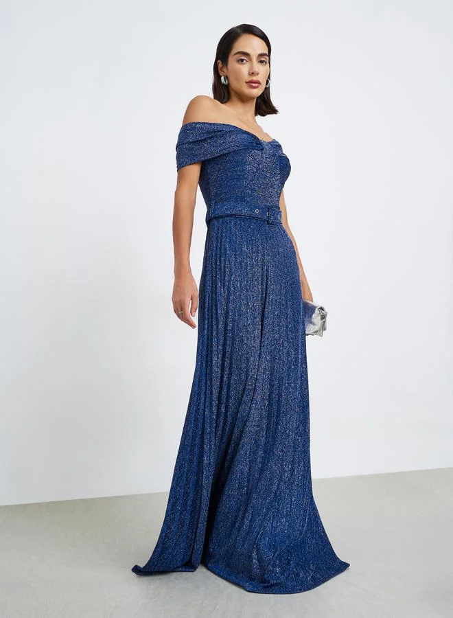 Navy Bardot Shimmer Party Maxi Dress