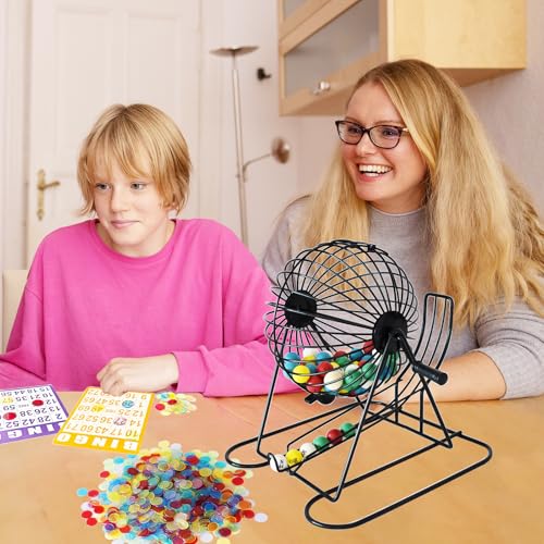 Yuanhe Complete Bingo Game Set - Includes 8" Metal Round Cage with Big Storage Bag,100 Bingo Cards,1000 Colorful Chips,75 Colored Balls and Masterboard, Ideal for Large Groups - Image 2