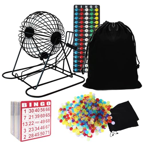Yuanhe Complete Bingo Game Set - Includes 8" Metal Round Cage with Big Storage Bag,100 Bingo Cards,1000 Colorful Chips,75 Colored Balls and Masterboard, Ideal for Large Groups - Image 1