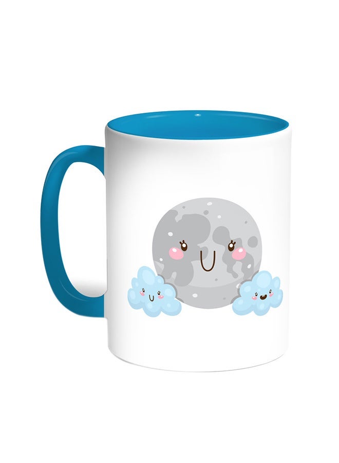 RYN Cartoon - Moon And Clouds Printed Coffee Mug Turquoise/White 11ounce
