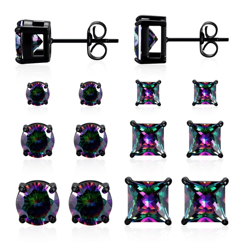 MDFUN 6 Pairs Stud Earrings Men 3mm/5mm/7mm Princess & Round Rainbow Cubic Zirconia Earring Set Hypoallergenic 316L Surgical Stainless Steel CZ Ear Jewelry for Women (Black Gold Plated) - Image 1