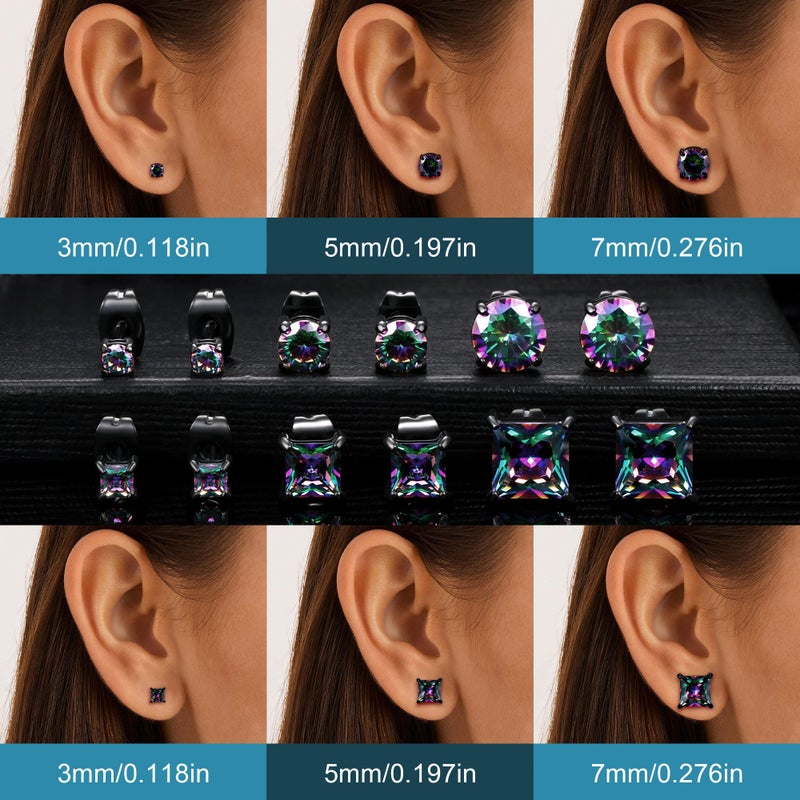 MDFUN 6 Pairs Stud Earrings Men 3mm/5mm/7mm Princess & Round Rainbow Cubic Zirconia Earring Set Hypoallergenic 316L Surgical Stainless Steel CZ Ear Jewelry for Women (Black Gold Plated) - Image 5