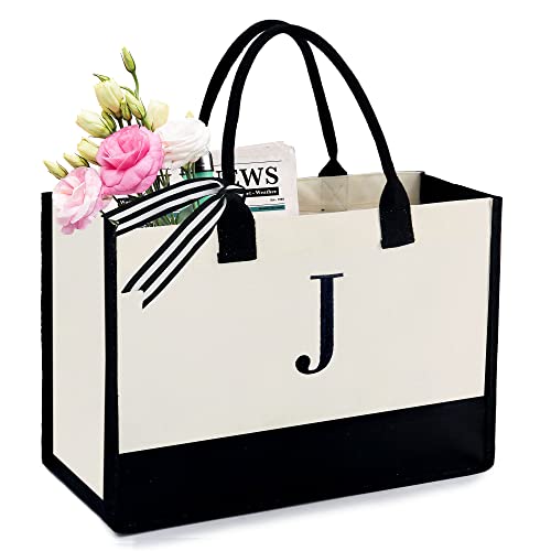 BeeGreen Canvas Tote Bag Monogram Embroidery Personalized Gift Bags for Birthday Beach Work Wedding Gifts Basket for Women Teacher Mom Friends Coworker Sister Nurse Cute Initial Totes Cool (Letter J) - Image 1