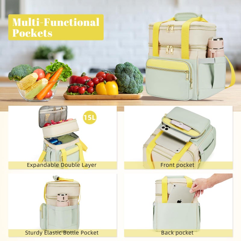 Holuxer Insulated Lunch Bag & Lunch Box For Women - Double Deck Reusable Lunch Bag For Men Tote Cooler Bag Leakproof Soft Expandable - Large Lunchbox For Work/Adult/Picnic/Outdoor (Green - Image 3