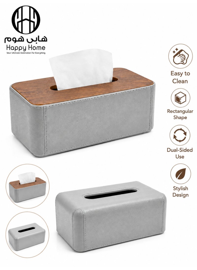 Happy Home Double-Sided Rectangular Tissue Box Cover with Decorative MDF Lid – Premium Leather-Look Polypropylene (PP) Tissue Holder, Modern Facial Tissue Dispenser for Living Room, Bedroom, Office & Bathroom, Easy Pull Opening, 20.5 × 13 × 10 cm - Image 1