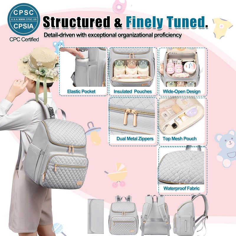 Weitars Diaper Bag Backpack Large Baby Diaper Bag with Changing Pad Travel Diaper Backpack,Baby Bag for Boys Girls,Stroller Straps,5 Insulated Pockets (Gray) - Image 5