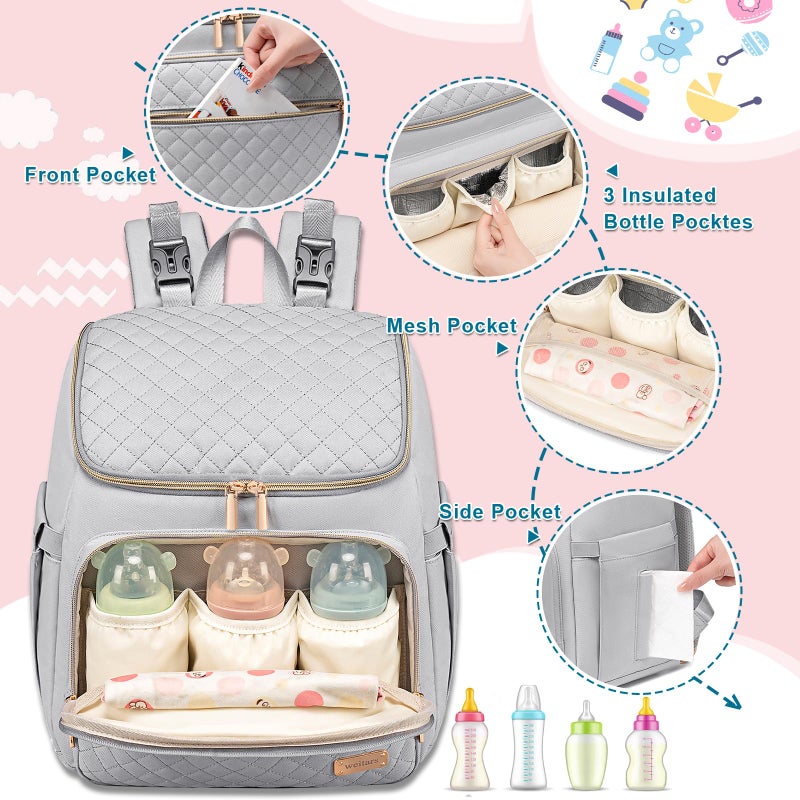 Weitars Diaper Bag Backpack Large Baby Diaper Bag with Changing Pad Travel Diaper Backpack,Baby Bag for Boys Girls,Stroller Straps,5 Insulated Pockets (Gray) - Image 3