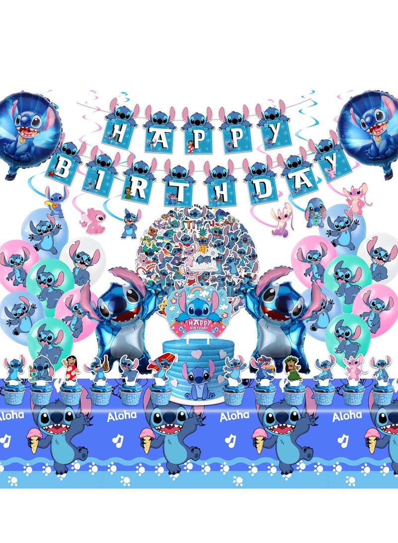 LOVET Blue Stitch theme party decoration children's birthday pull flag cake with balloon sticker set  - Image 1