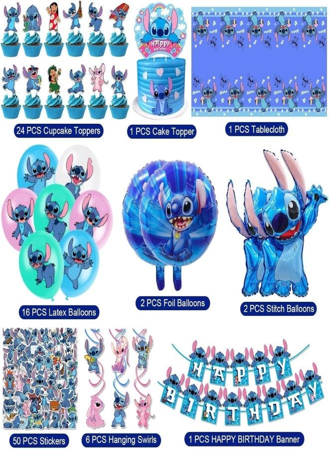 LOVET Blue Stitch theme party decoration children's birthday pull flag cake with balloon sticker set  - Image 2