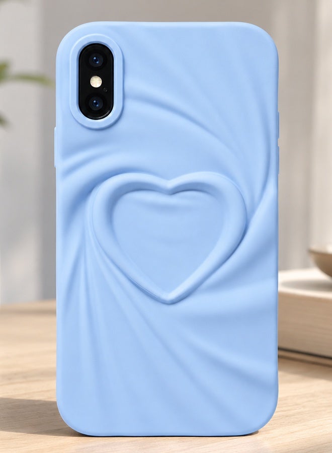 جراب خلفي فاخر لهاتف ايفون X\Xs غير لامع بتصميم قلب، مقاوم للصدمات، يحمي الكاميرا من الخدوش، بنقشة حريرية ثلاثية الأبعاد بارزة، مصنوع من مادة TPU غير لامعة عصرية، جراب سيليكون ناعم و أنيق للفتيات والسيدات لهاتف iPhone X\XS (أزرق فاتح، مقاوم للصدمات) - Image 2