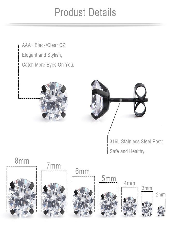 Ruifan 20G Mix Color Stainless Steel Clear Round Cubic Zirconia Stud Earrings for Men Women 2-8mm 7Pairs - Black - Image 2