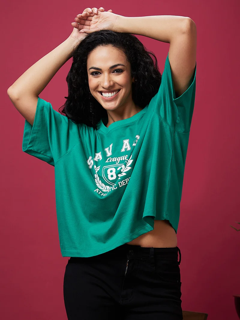 Women Typography Printed Oversized Pure Cotton Boxy T-Shirt