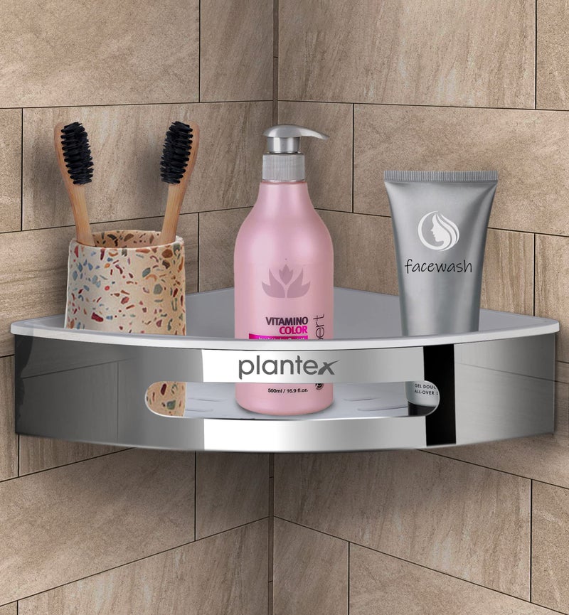 Plantex Bathroom Corner Shelf for Wall/304 Grade Stainless Steel Bathroom Stand for Corner/Bathroom Accessories (Silver & White, 9x9 inches) - Image 1