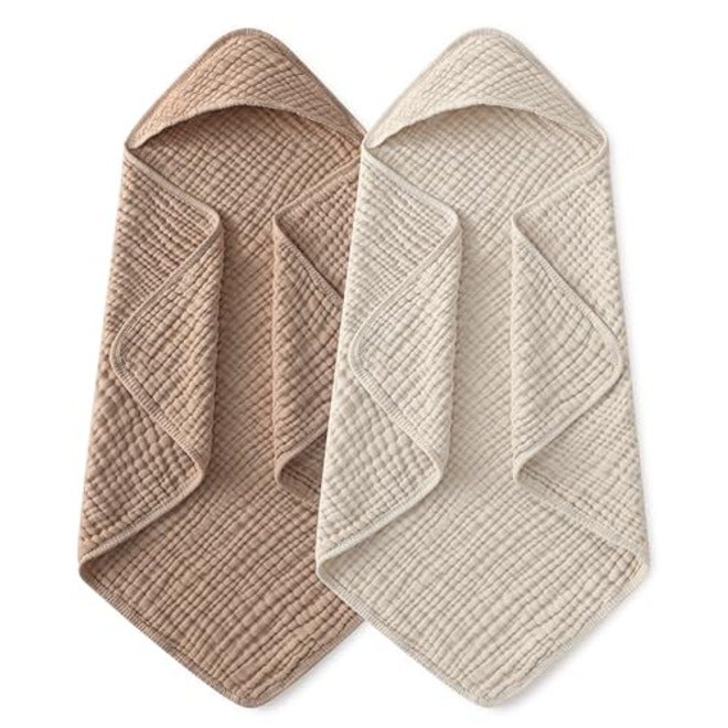 Yoofoss Hooded Baby Bath Towels 2 Pack - 100% Muslin Organic Cotton, Soft & Absorbent for Newborn, Babies, Toddlers, 32x32 Inch, Beige & Coffee