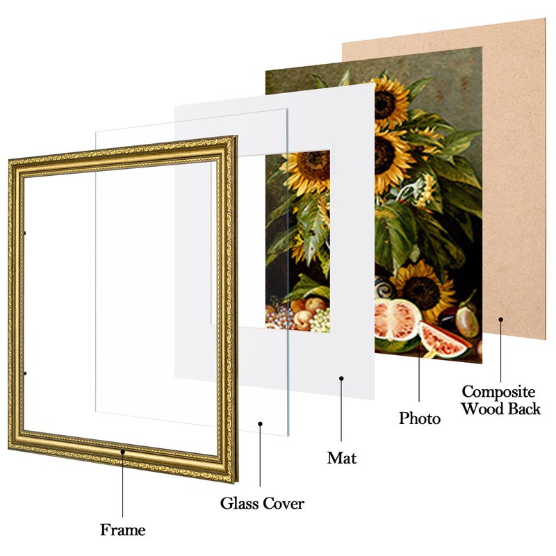 eletecpro 12x12 Picture Frames Set of 4, Vintage Photo Frame with Glass Cover, Gold Frames 12 by 12 Display 8x8 Photo with Mat or 12x12 without Mat for Home Wall Decor, Gold - Image 2