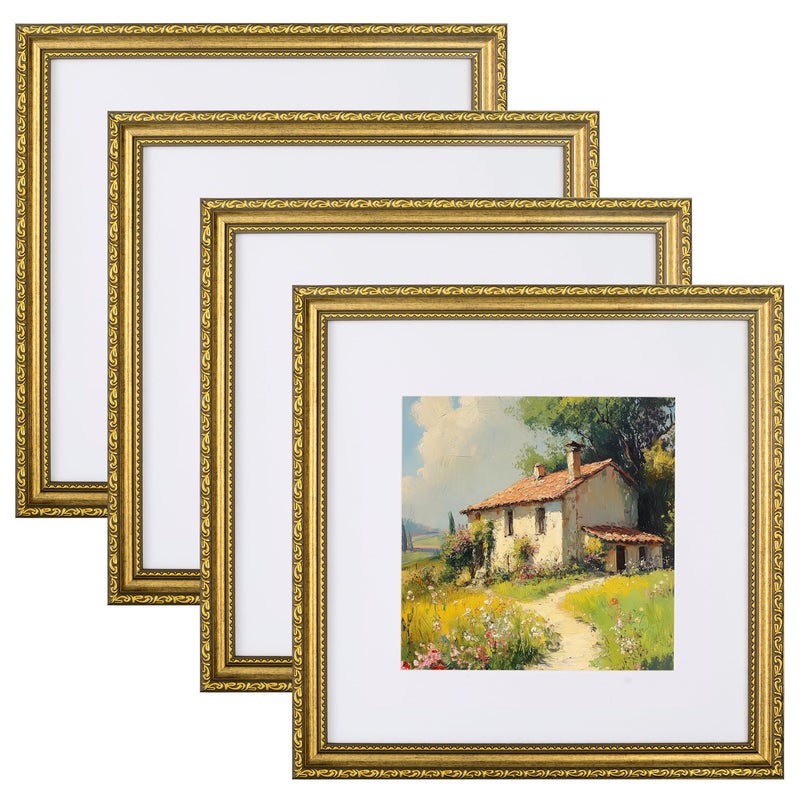 eletecpro 12x12 Picture Frames Set of 4, Vintage Photo Frame with Glass Cover, Gold Frames 12 by 12 Display 8x8 Photo with Mat or 12x12 without Mat for Home Wall Decor, Gold - Image 1