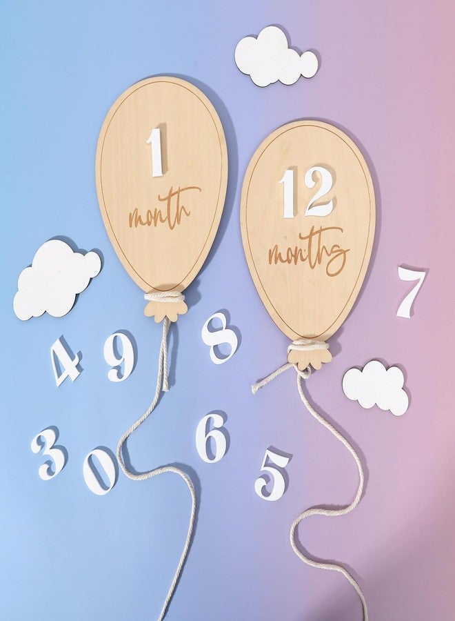 Curious Button 12 Pcs Baby Monthly Milestone Balloon Set with 3 Cloud-1.5IN MDF Props, 4 Inch Pine MDF, Newborn Monthly Photo Prop, Reusable Number Set for Baby Photography - Image 1
