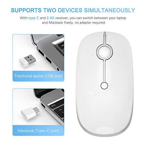 VssoPlor Type C Wireless Mouse，Vssoplor USB C Mouse Dual Mode 2.4G Cordless Mice with Nano USB and Type C Receiver Compatible with PC, Laptop, MacBook and All Type C Devices-White Silver - Image 2