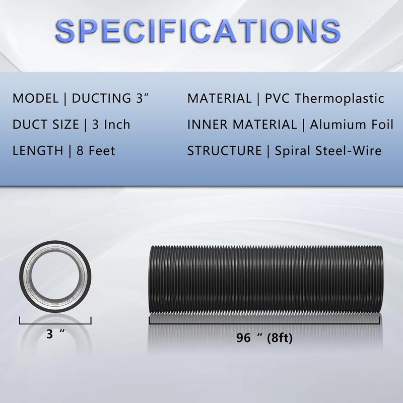 HYITCL 3 Inch Flexible Ducting Hose 8 Feet Black Aluminum Ducting -4 Layer Protection Dryer Vent Hose for HVAC Heating Cooling Ventilation and Exhaust, 2 Clamps Included - Image 2