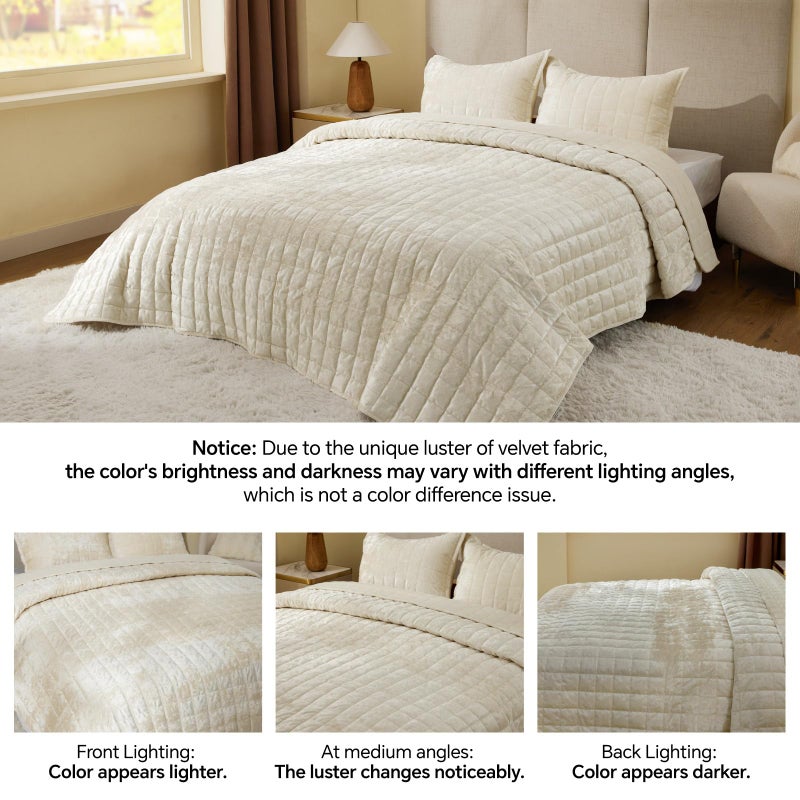 BEDELITE Velvet Quilt Set King Size - Luxury Velvet Comforter Bedding Set 3 Pieces, Lightweight Soft Cozy Shiny Cream White Oversized Bedspread Coverlet for All Seasons with 2 Pillow Shams - Image 4