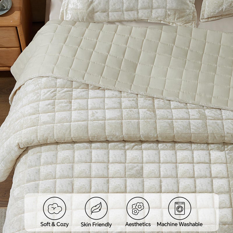 BEDELITE Velvet Quilt Set King Size - Luxury Velvet Comforter Bedding Set 3 Pieces, Lightweight Soft Cozy Shiny Cream White Oversized Bedspread Coverlet for All Seasons with 2 Pillow Shams - Image 5