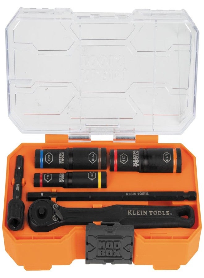 Klein Tools 65238 KNECT Impact Socket Set, Deep Sockets with Wrench, 3 Heavy-Duty Color Coded Flip Sockets, 6 SAE Sizes, Ratchet, Adapter and MODbox Case - Image 1