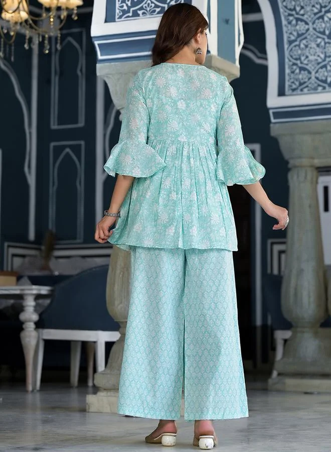 Vishudh Vishudh Women Blue Printed Cotton Kurta & Palazzo Set