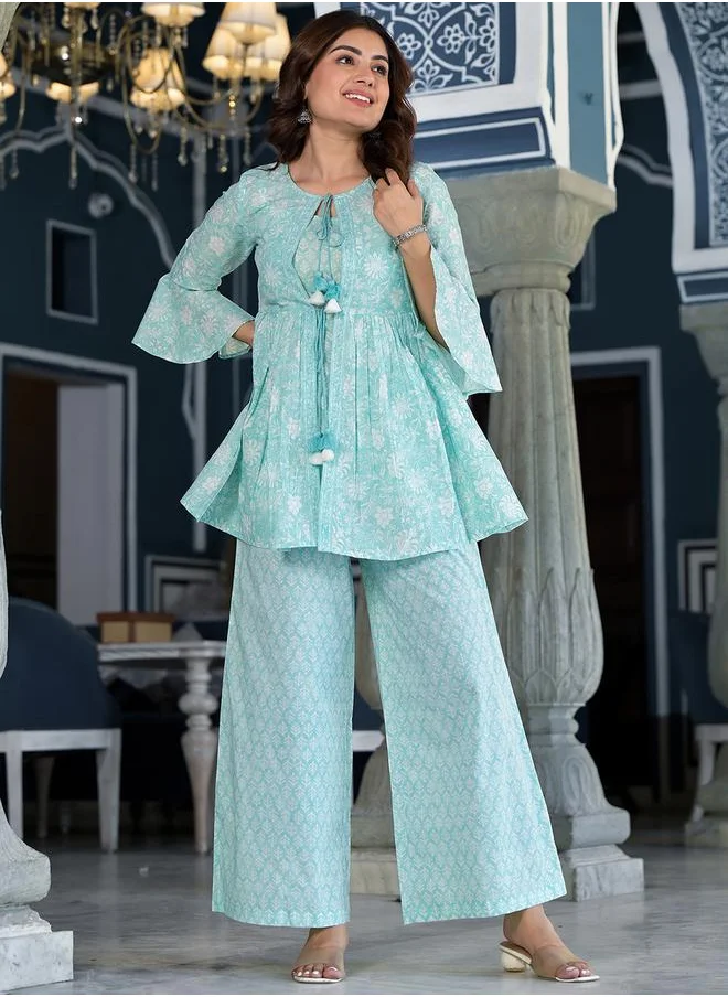 Vishudh Women Blue Printed Cotton Kurta & Palazzo Set by Styli