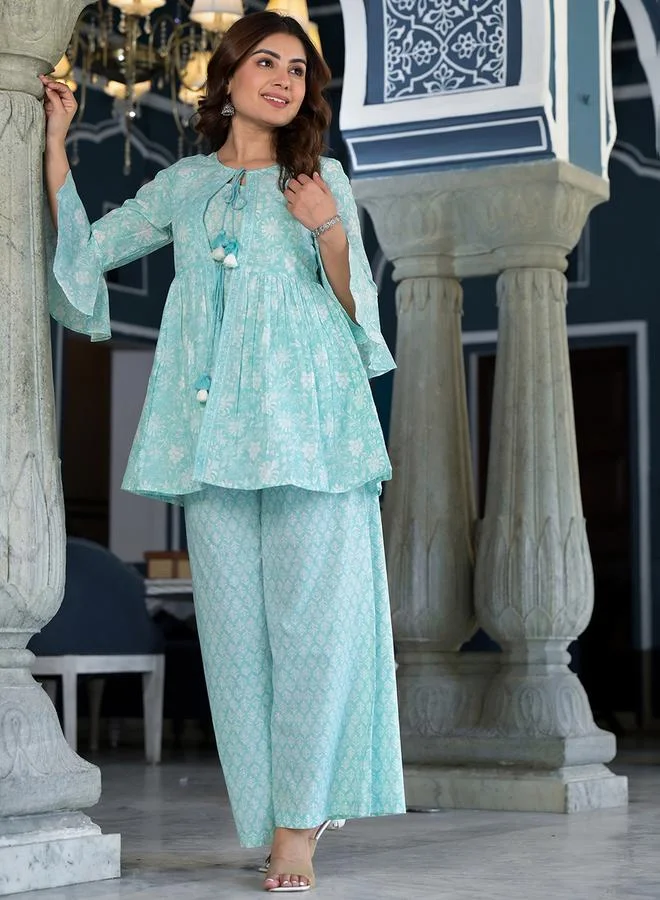 Vishudh Vishudh Women Blue Printed Cotton Kurta & Palazzo Set