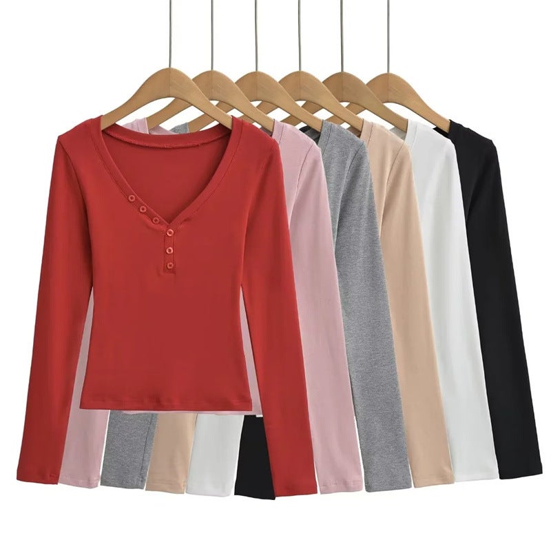 Spice Girls Low-Cut V-Neck Button Long-Sleeved T-Shirt Autumn New Design Sense Elastic Slim-Fit Inner Base Shirt For Women - Image 2