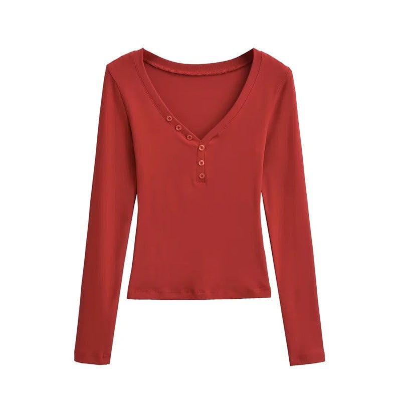 Spice Girls Low-Cut V-Neck Button Long-Sleeved T-Shirt Autumn New Design Sense Elastic Slim-Fit Inner Base Shirt For Women - Image 5