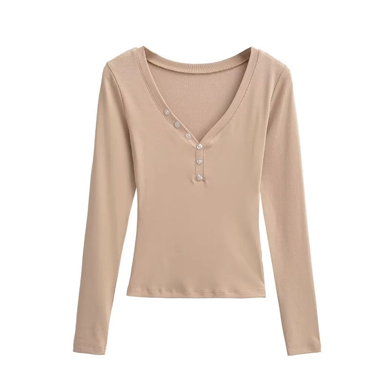 Spice Girls Low-Cut V-Neck Button Long-Sleeved T-Shirt Autumn New Design Sense Elastic Slim-Fit Inner Base Shirt For Women - Image 3