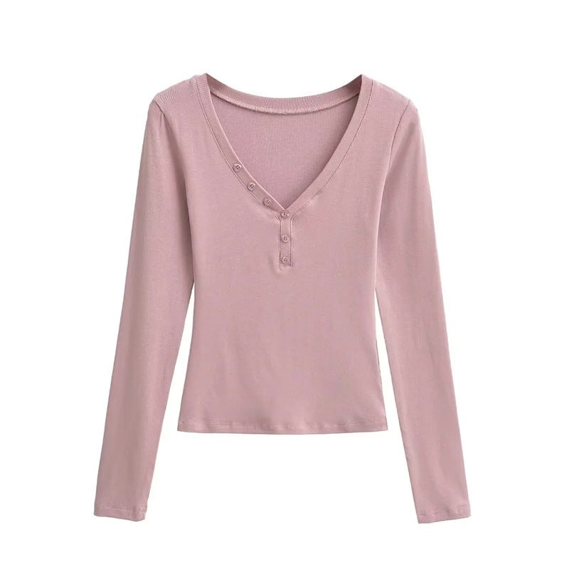 Spice Girls Low-Cut V-Neck Button Long-Sleeved T-Shirt Autumn New Design Sense Elastic Slim-Fit Inner Base Shirt For Women - Image 4