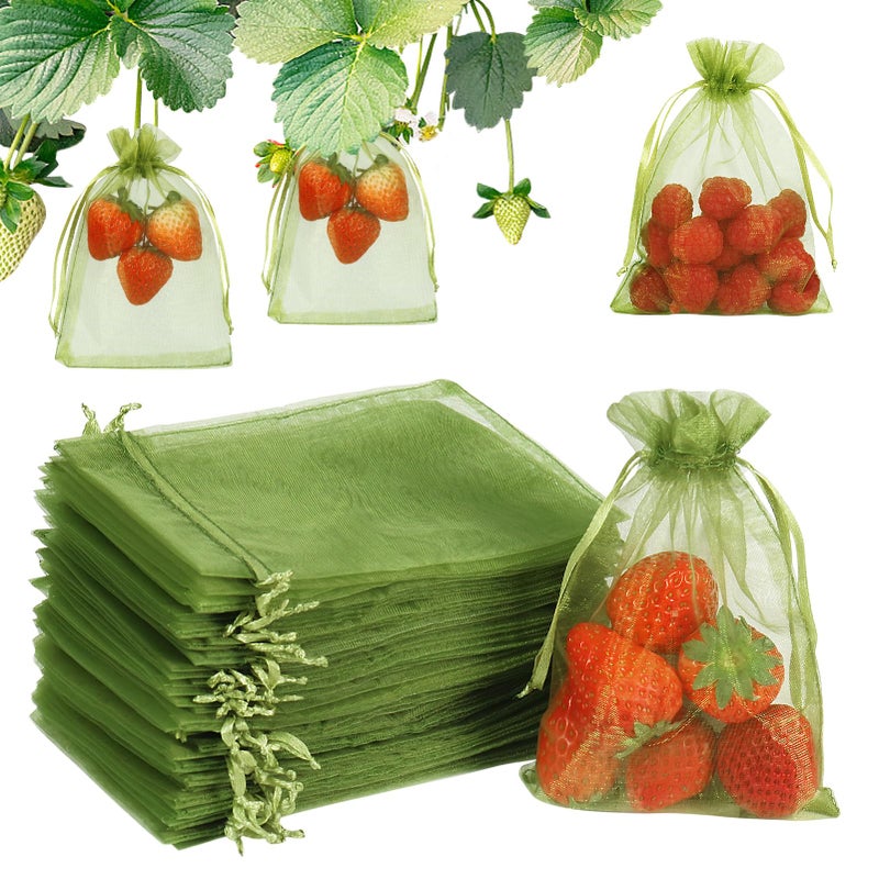 Shintop 100Pcs Fruit Protection Bags, 4x6 Inch Green Strawberry Netting Cover Drawstring Mesh Bags Pest Barrier for Blueberry Small Fruit - Image 1