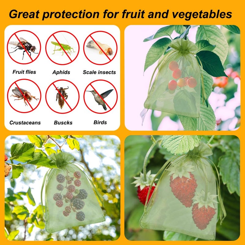 Shintop 100Pcs Fruit Protection Bags, 4x6 Inch Green Strawberry Netting Cover Drawstring Mesh Bags Pest Barrier for Blueberry Small Fruit - Image 5