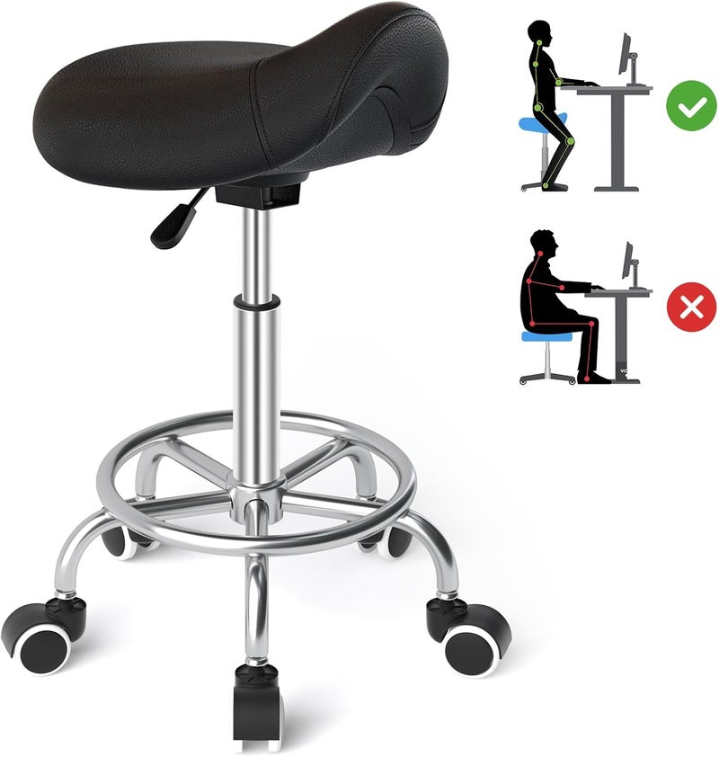 Yeezee YEEZEE Saddle Stool Ergonomic Comfortable Rolling Saddle Stool with Wide Thick Saddle Seat Padding Swivel Adjustable Saddle Chair with Wheels and Ring Pedal for Medical Massage Salon Dark Black 