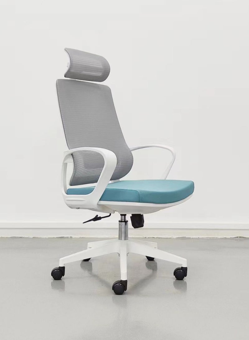 MAF furniture MAf Ergonomic Office Chair, High-Back Mesh with Headrest, Adjustable Lumbar Support, MAF-3353 White/Grey/Blue - Image 1