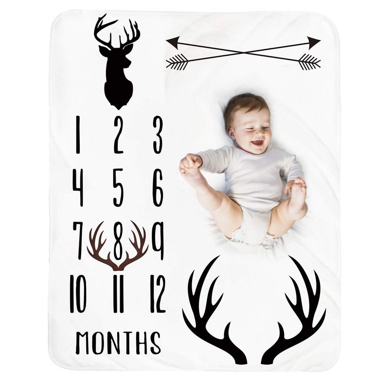 Tebaby Baby Monthly Milestone Blanket Boy  Deer Newborn Month Blanket Neutral Personalized Shower Gift Woodland Nursery Decor Photography Background Prop with Frame Large 51x40