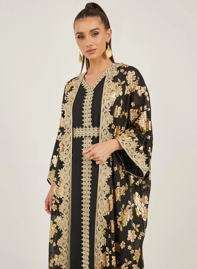 Styli Foil Print Batwing Sleeve Embellishment Abaya with Inner Dress