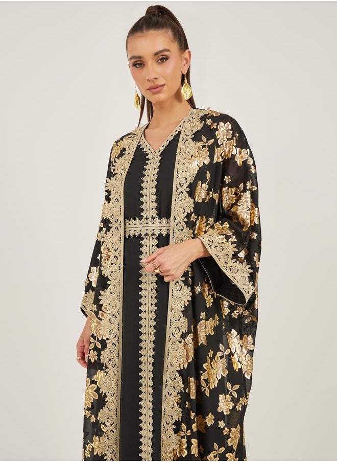 Styli Foil Print Batwing Sleeve Embellishment Abaya with Inner Dress  - Image 3