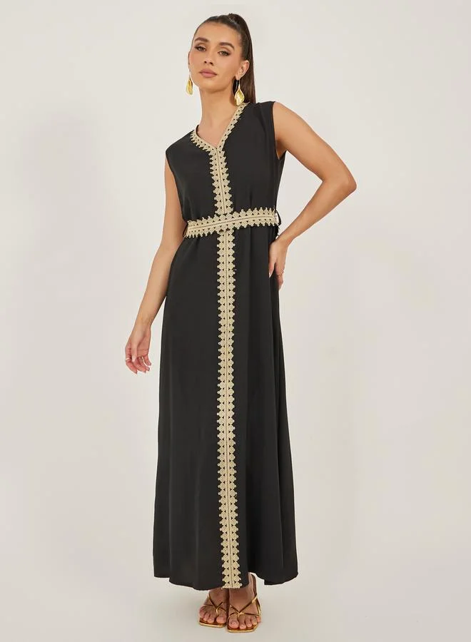 Styli Foil Print Batwing Sleeve Embellishment Abaya with Inner Dress