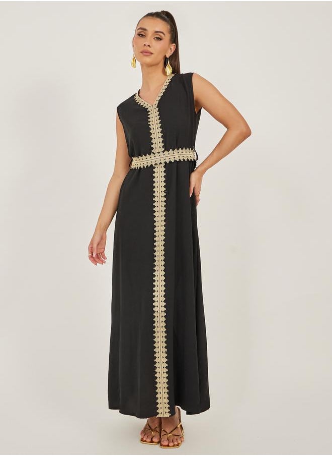 Styli - Foil Print Batwing Sleeve Embellishment Abaya with Inner Dress - Image 1
