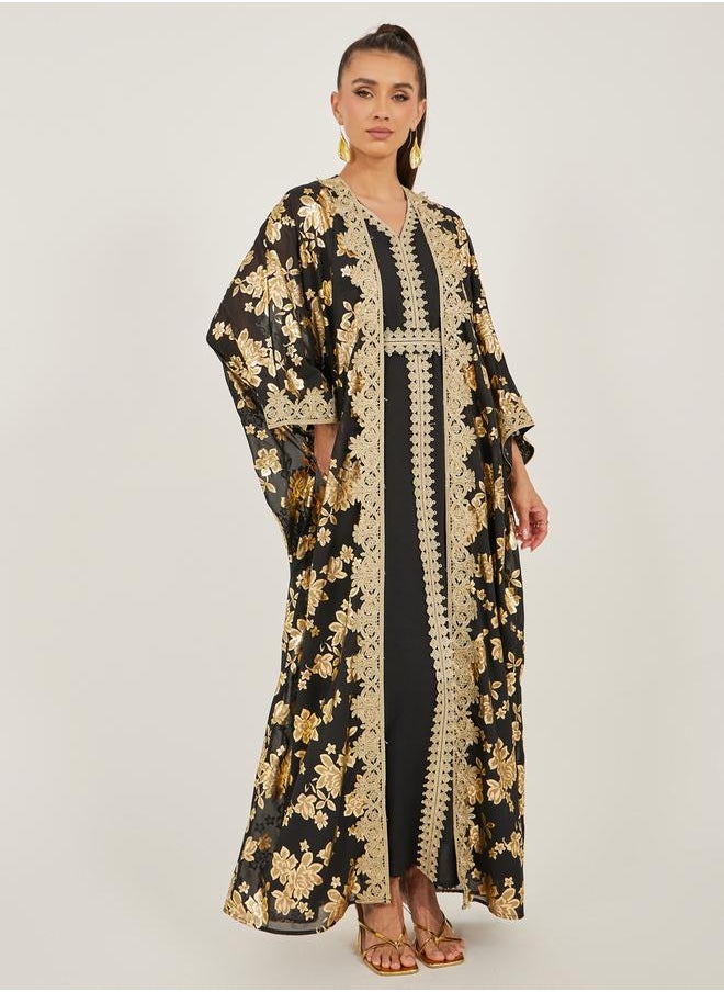 Styli Foil Print Batwing Sleeve Embellishment Abaya with Inner Dress  - Image 2