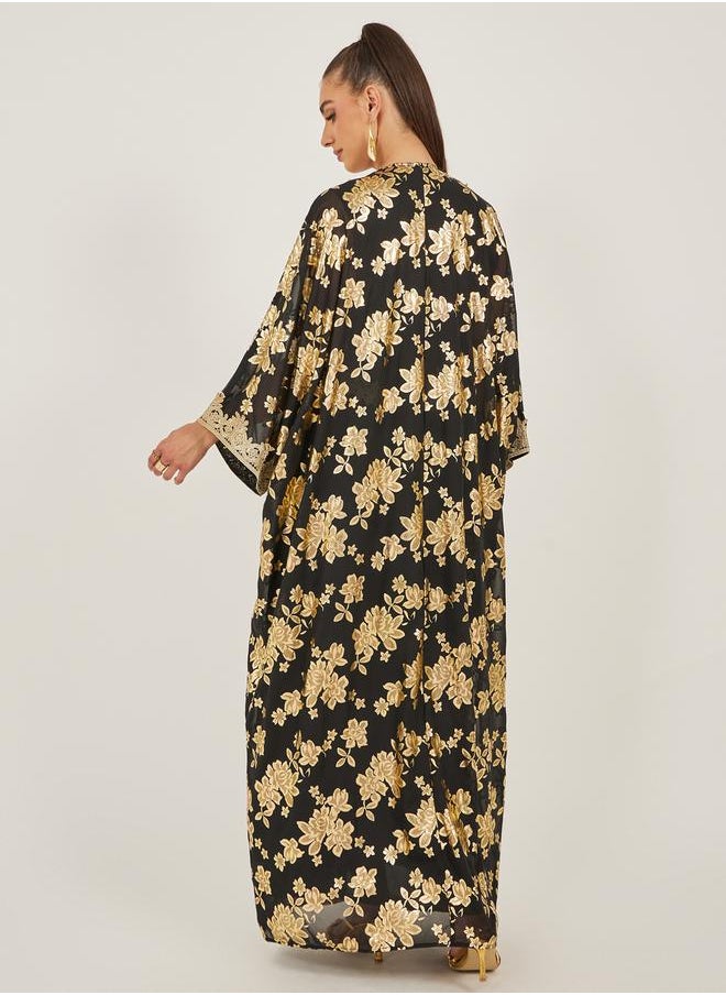 Styli Foil Print Batwing Sleeve Embellishment Abaya with Inner Dress  - Image 5
