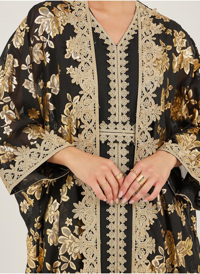 Styli Foil Print Batwing Sleeve Embellishment Abaya with Inner Dress  - Image 4