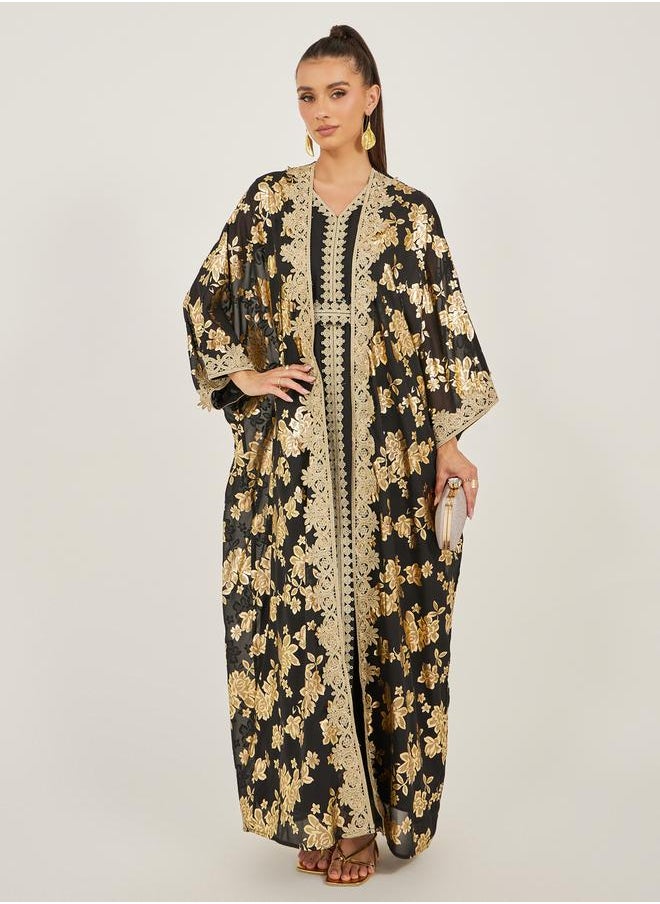 Styli Foil Print Batwing Sleeve Embellishment Abaya with Inner Dress  - Image 1