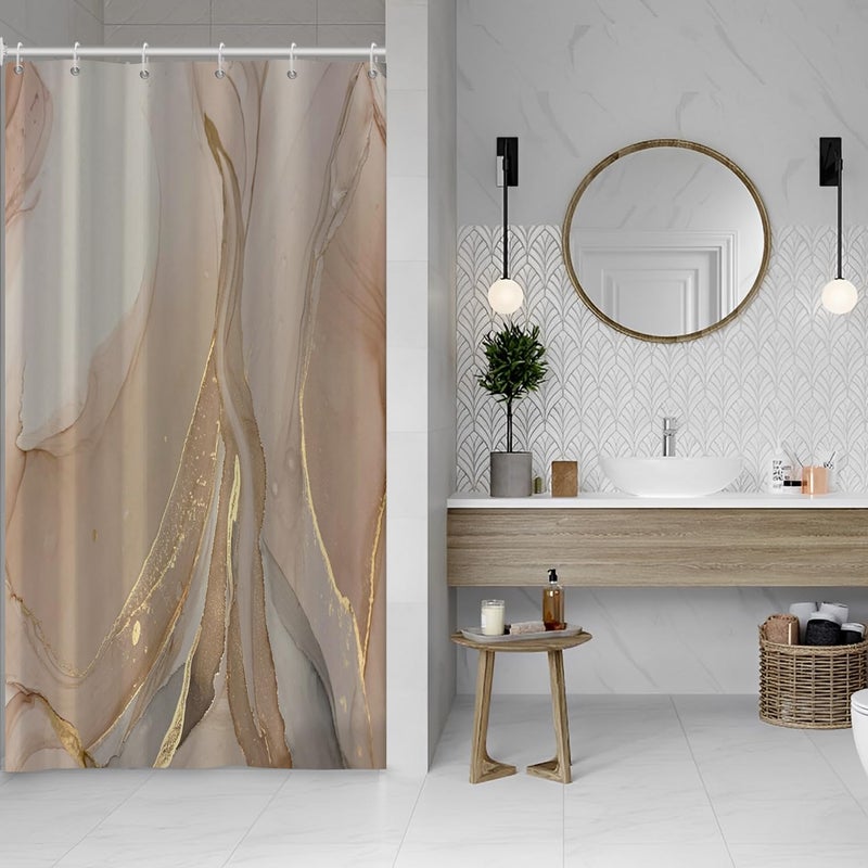 Ruelvth Brown Startain Modern Gray and Tan Marble Shower Stain for Bathroom Exthetic Ink Sequer Startain Waterproof Startain with Hooks 54 × 72 بوصة - Image 1