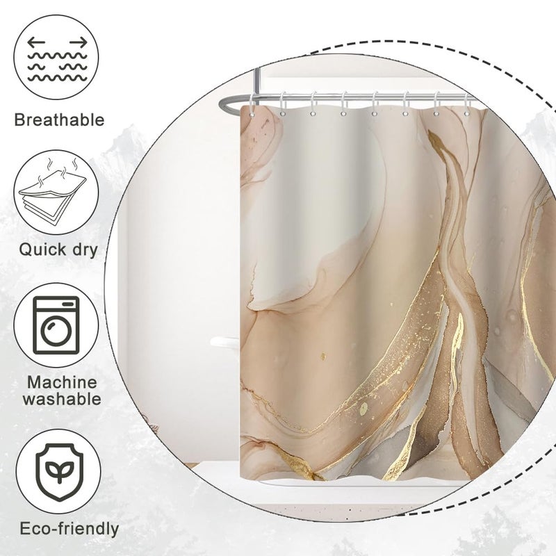 Ruelvth Brown Startain Modern Gray and Tan Marble Shower Stain for Bathroom Exthetic Ink Sequer Startain Waterproof Startain with Hooks 54 × 72 بوصة - Image 4
