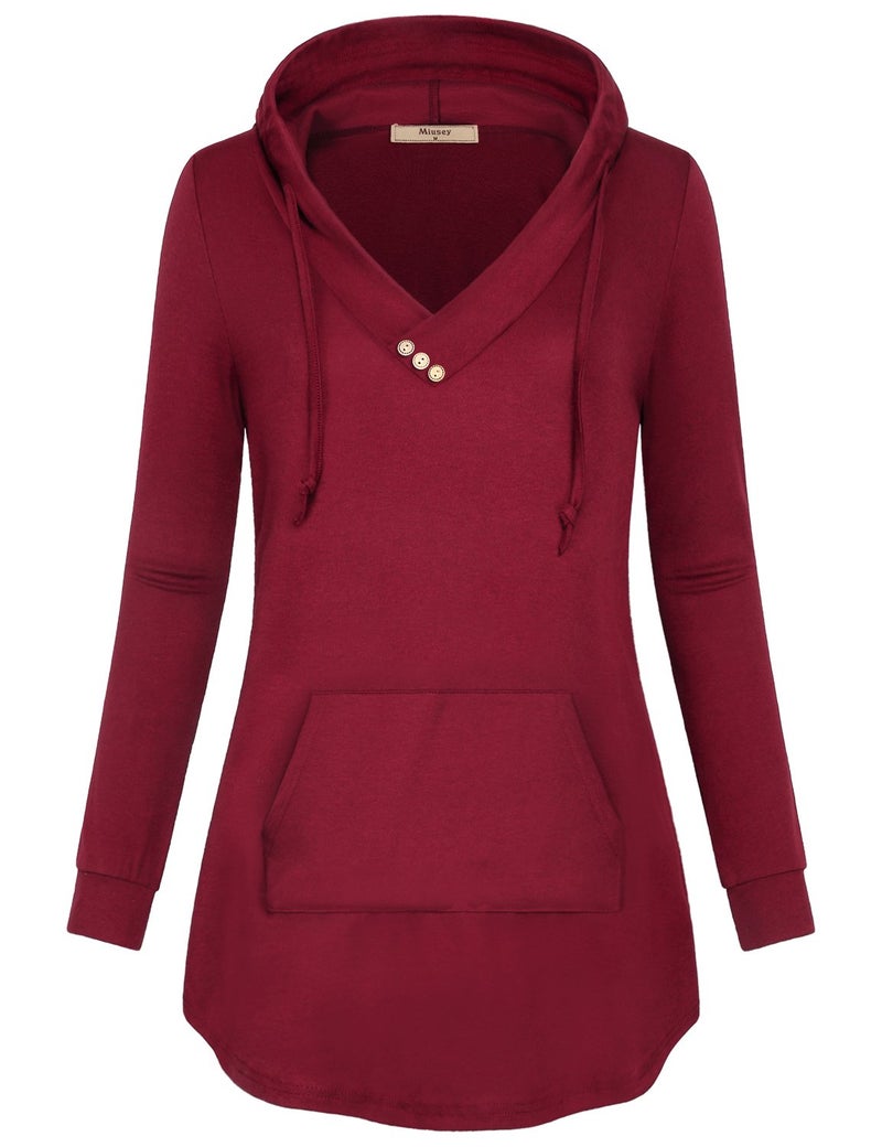 Miusey Womens Hoodie, Ladies Garment Long Sleeve Lightweight V-Neck Ruffle Collar Button Sweatshirt for Women Rose Red Medium - Image 5